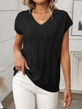 Cable-Knit V-Neck Short Sleeve Knit Top - Trendsi - Flyclothing LLC