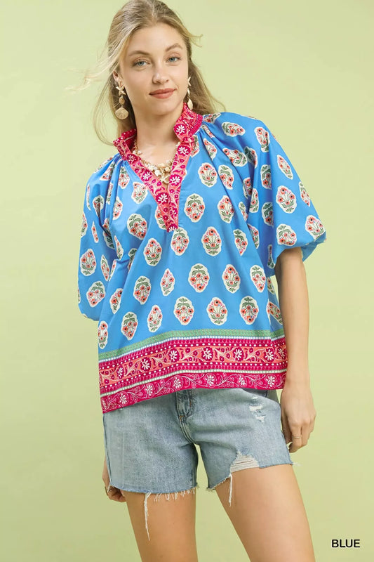 Umgee Boho Border Print Peasant Top - Trendsi - Flyclothing LLC
