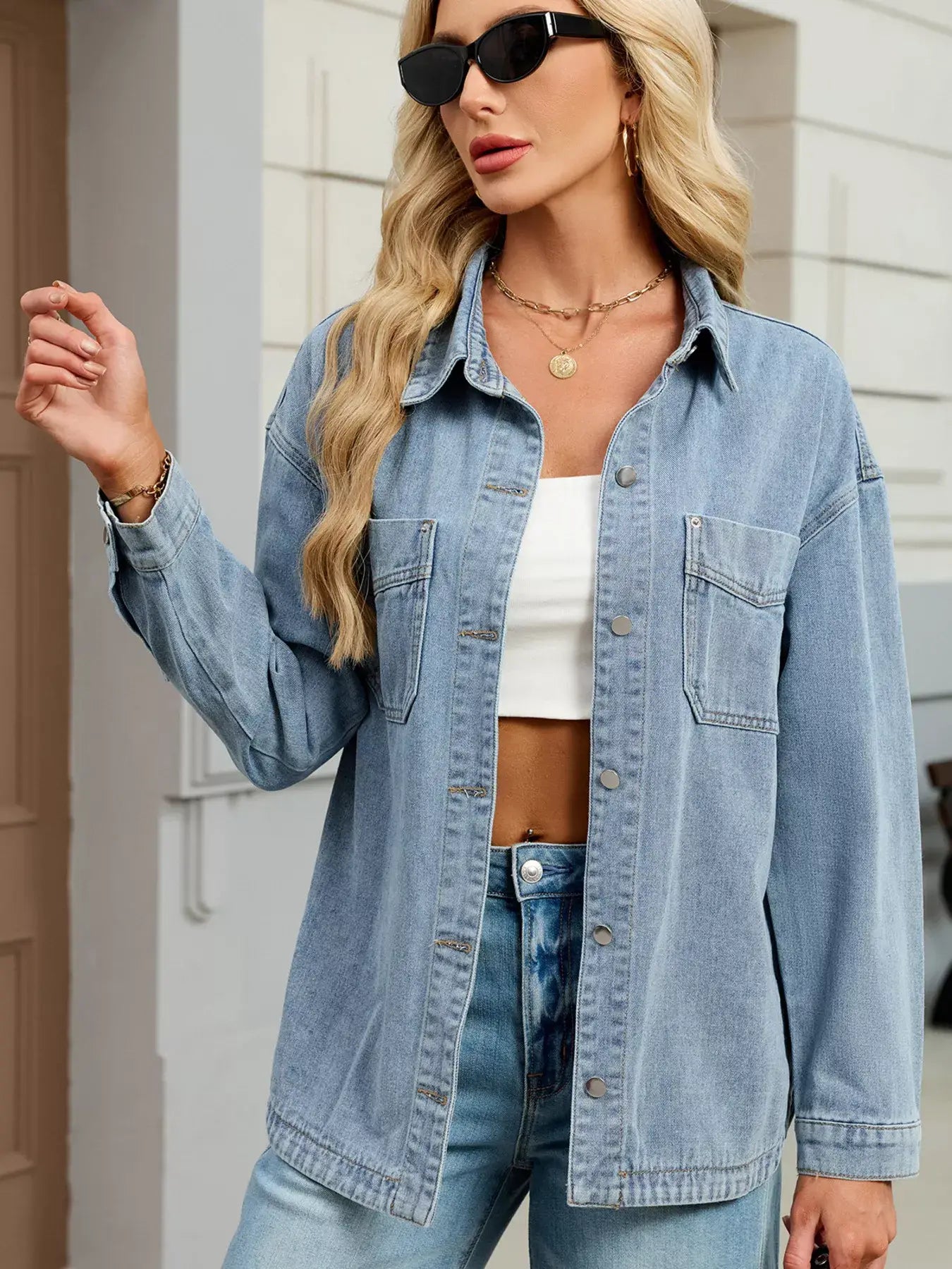 Button Up Dropped Shoulder Denim Jacket - Trendsi - Flyclothing LLC