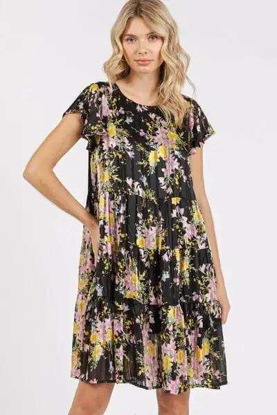 Mittoshop Flower Print Round Neck Flutter Sleeve Tiered Dress - Trendsi - Flyclothing LLC
