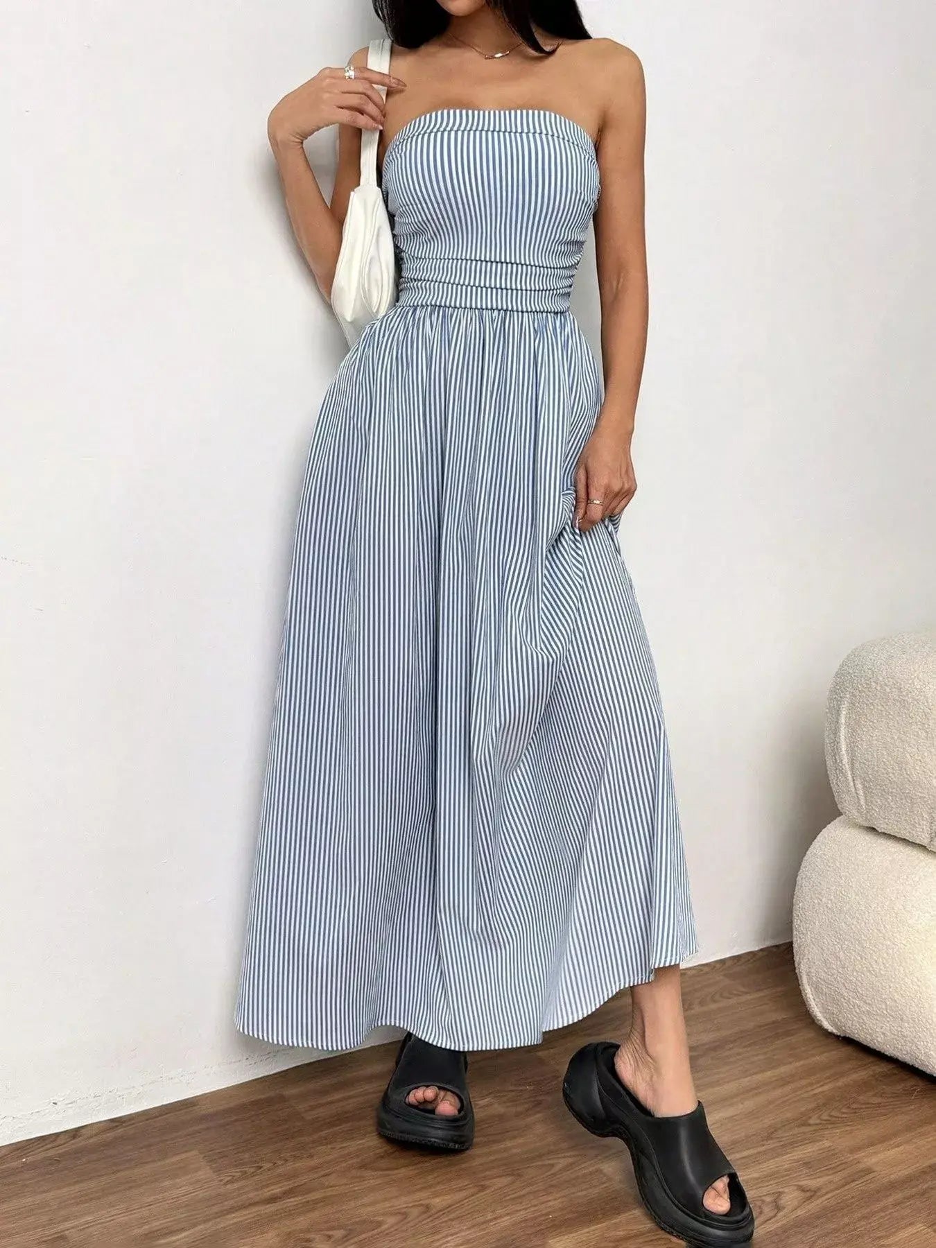 Striped Strapless Casual Maxi Dress - Trendsi - Flyclothing LLC