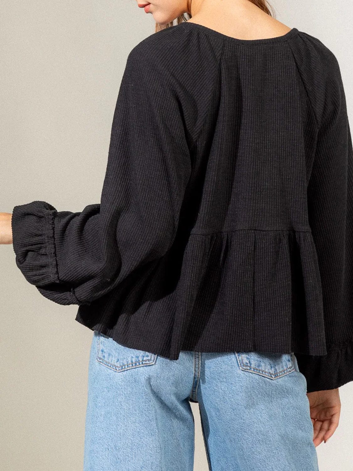 Notched Balloon Sleeve Peplum Blouse - Trendsi