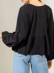 Notched Balloon Sleeve Peplum Blouse - Trendsi