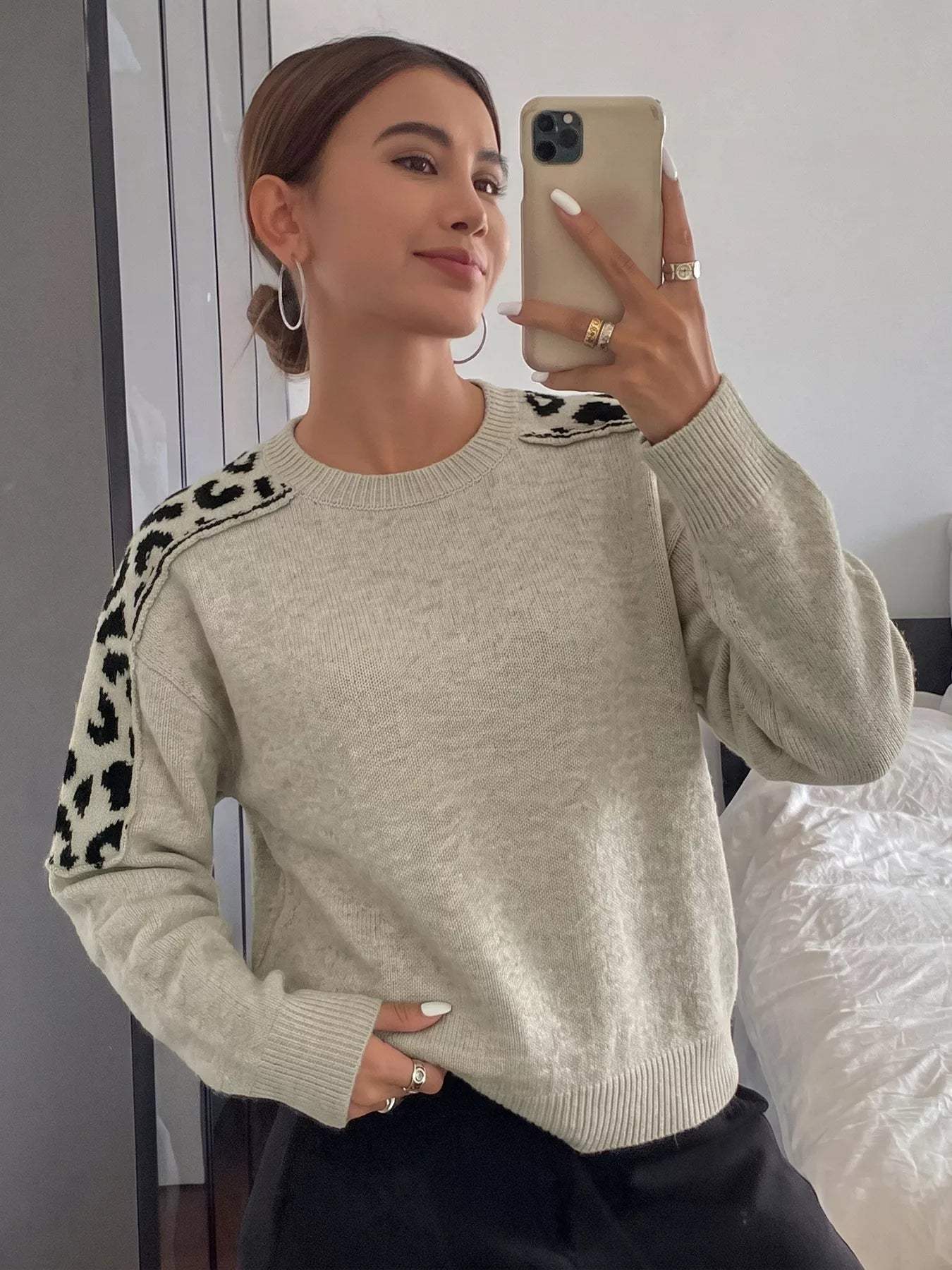 Leopard Round Neck Sweater - Trendsi - Flyclothing LLC