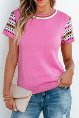 Contrast Short Sleeves Round Neck Sweater - Trendsi - Flyclothing LLC