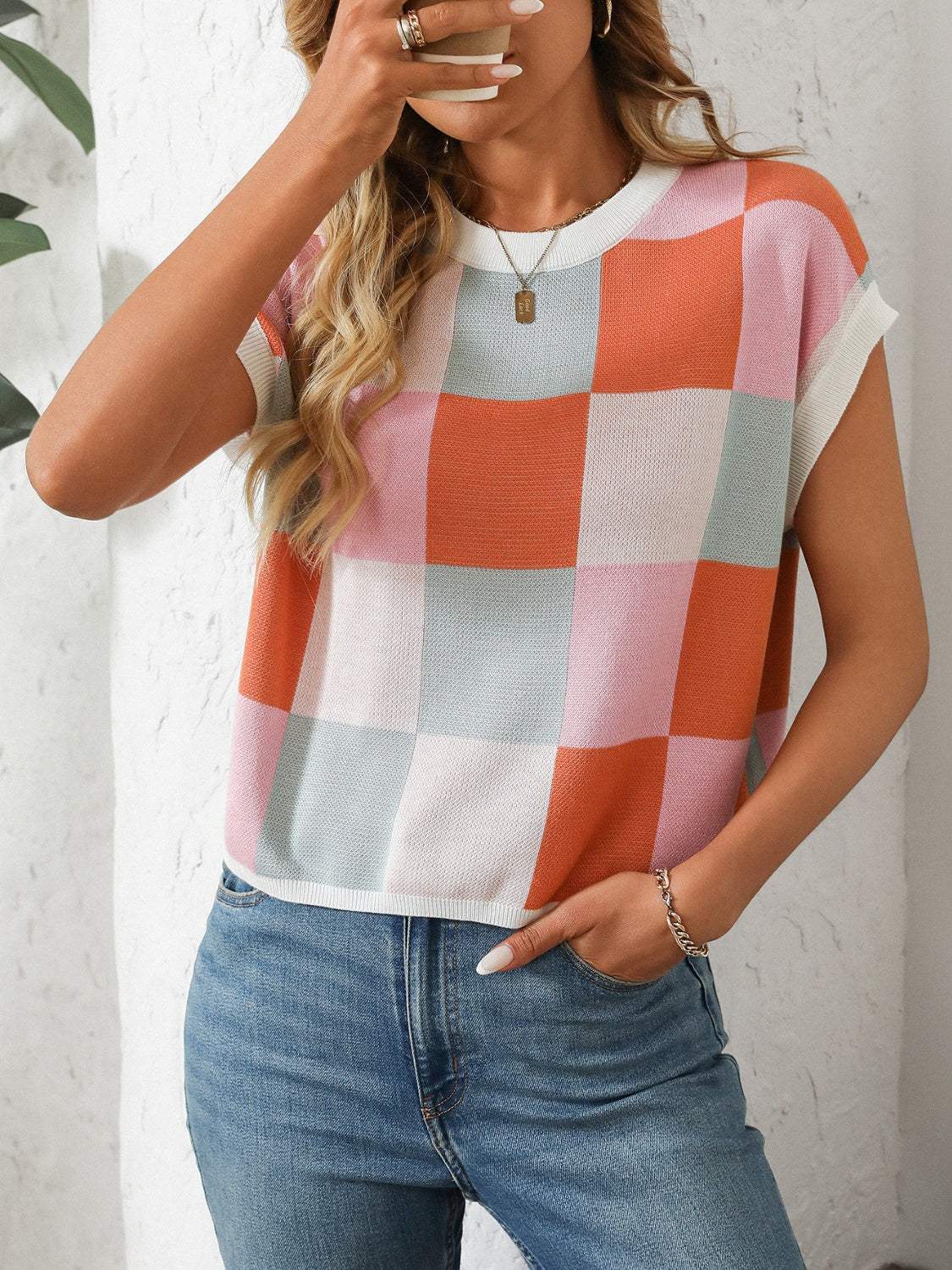 Mandy Checkered Round Neck Cap Sleeve Knit Top - Trendsi - Flyclothing LLC
