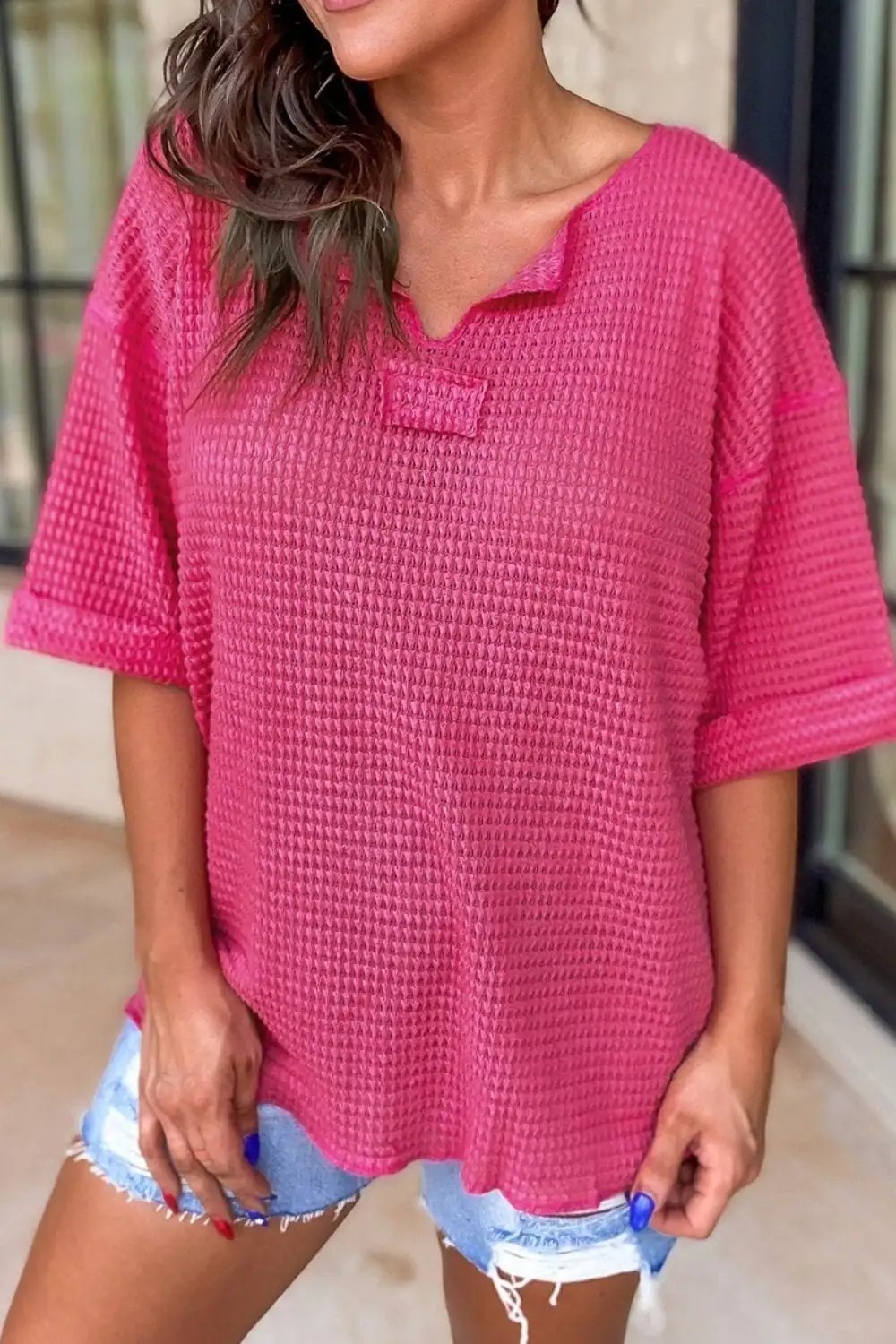 Textured Cuffed Short Sleeve Top - Trendsi