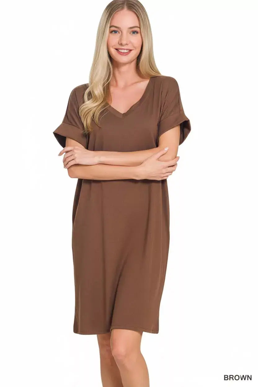 Zenana Brushed Dty Rolled Short Sleeve V-Neck Dress - Trendsi - Flyclothing LLC