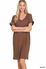 Zenana Brushed Dty Rolled Short Sleeve V-Neck Dress - Trendsi - Flyclothing LLC