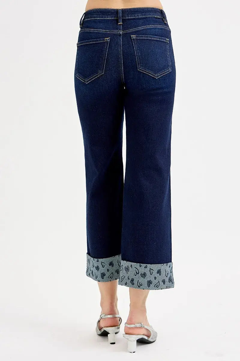 RISEN Full Size Mid Rise Fit Crop Wide With Printed Cuff Jeans Plus Size - Trendsi - Flyclothing LLC