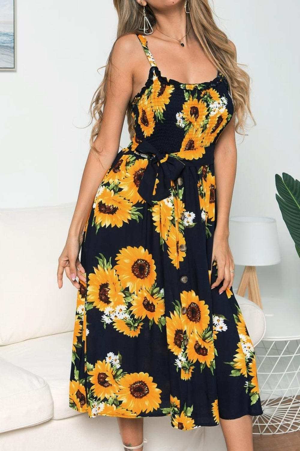 Smocked Sunflower Printed Sleeveless Cami Dress - Trendsi - Flyclothing LLC