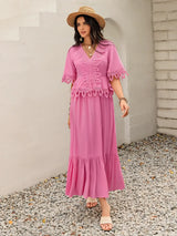 Lace Detail V-Neck Half Sleeve Midi Dress - Trendsi - Flyclothing LLC