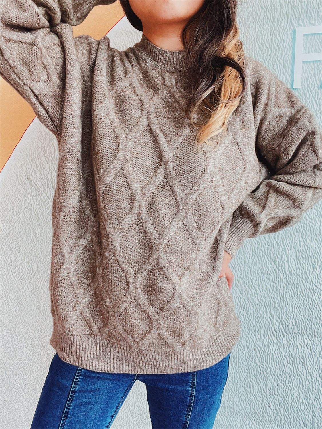 Diamond Round Neck Long Sleeve Sweater - Trendsi - Flyclothing LLC