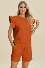 Double Take Full Size Texture Round Neck Ruffle Sleeve Top and Shorts Set - Trendsi - Flyclothing LLC