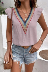 Full Size Ruffled V-Neck Cap Sleeve Blouse - Trendsi