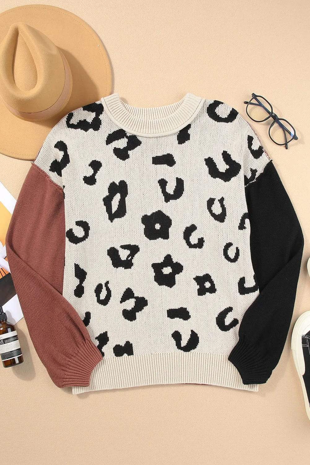 Leopard Round Neck Long Sleeve Sweater - Trendsi - Flyclothing LLC