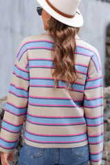 Striped Color Block Johnny Collar Sweater - Trendsi - Flyclothing LLC
