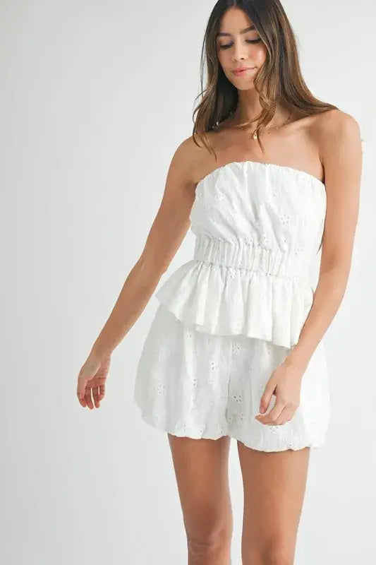 MABLE Floral Eyelet Lace Tube Top and Short Set - Trendsi - Flyclothing LLC