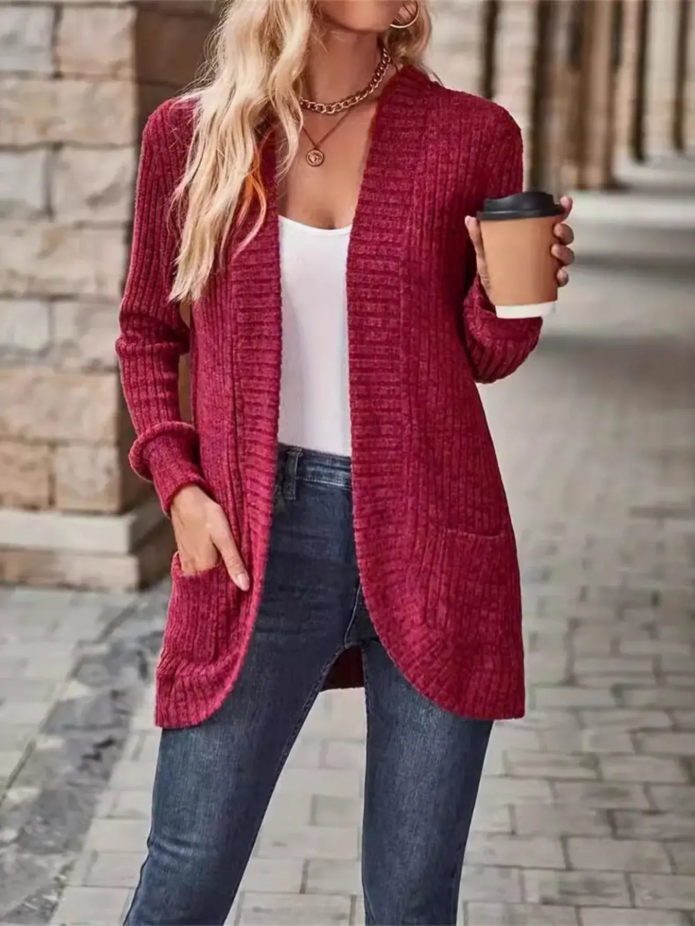 Ribbed Open Front Long Cardigan with Pockets - Trendsi - Flyclothing LLC
