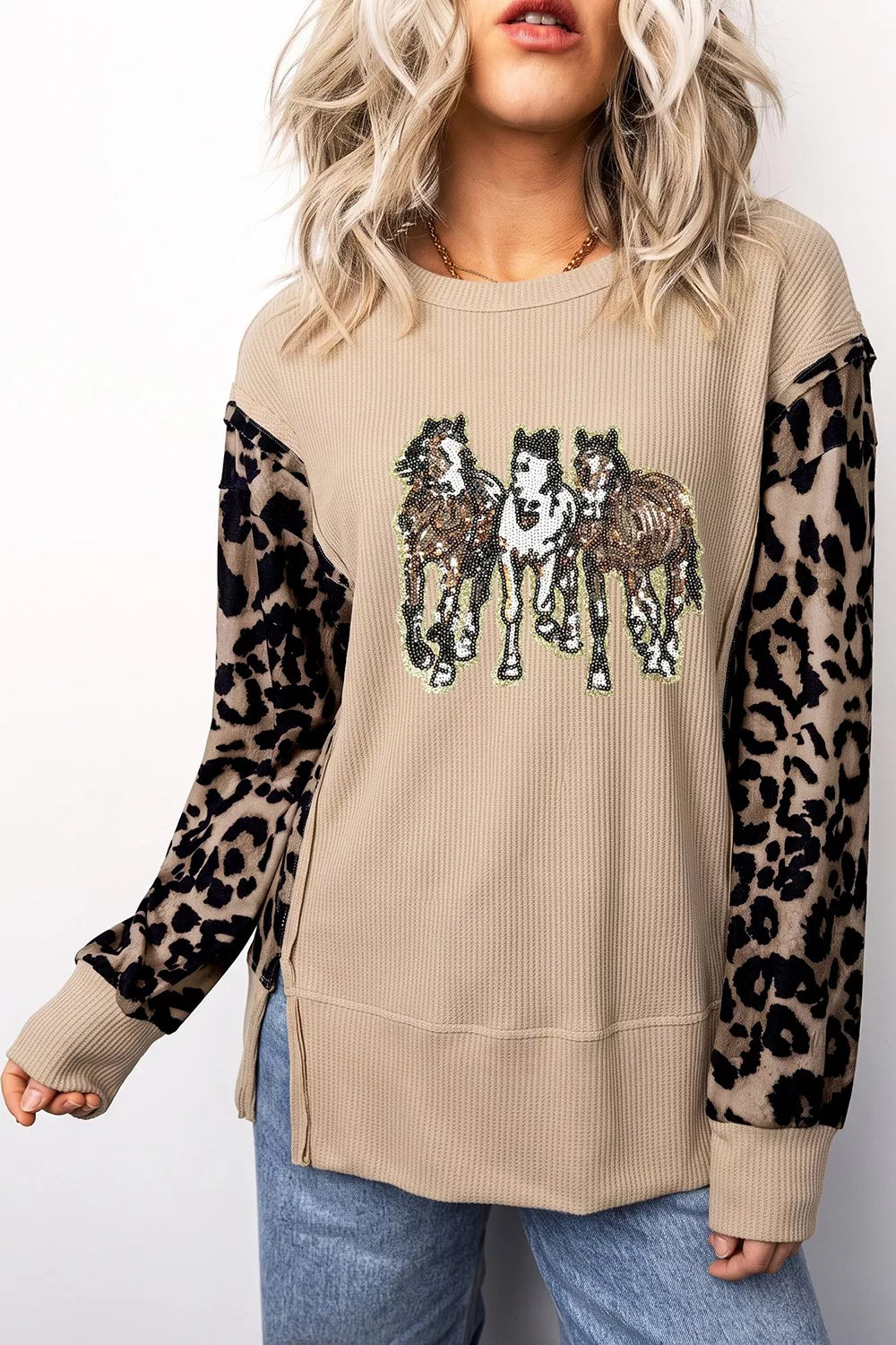 Sequined Western Horse Graphic Leopard Sleeve Patchwork Waffle Knit Top - Trendsi - Flyclothing LLC