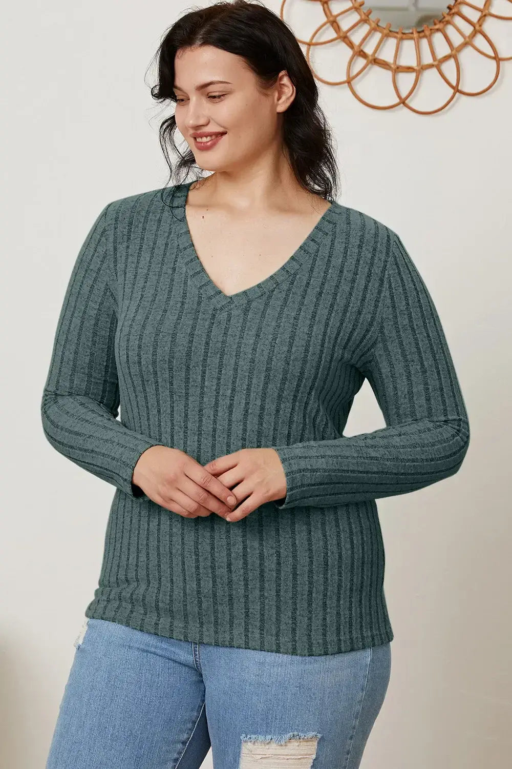 Basic Bae Full Size Ribbed V-Neck Long Sleeve T-Shirt - ShopBasicbae - Flyclothing LLC