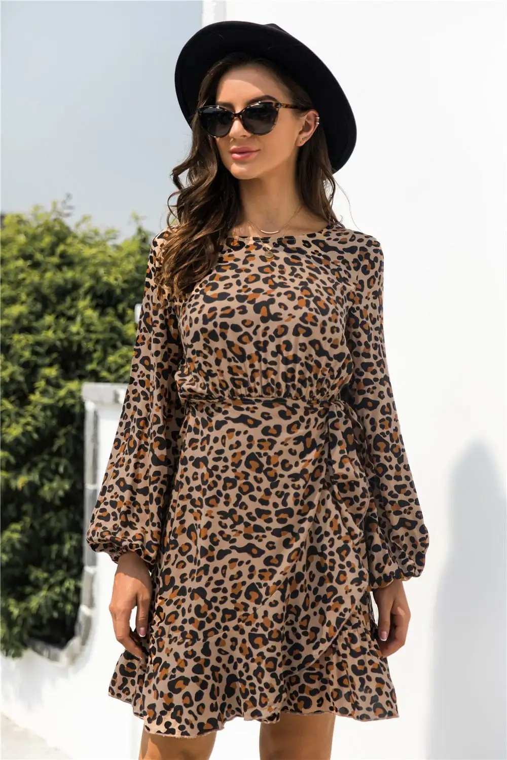 Animal Print Round Neck Balloon Sleeve Mini Dress - Trendsi - Flyclothing LLC