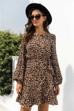 Animal Print Round Neck Balloon Sleeve Mini Dress - Trendsi - Flyclothing LLC