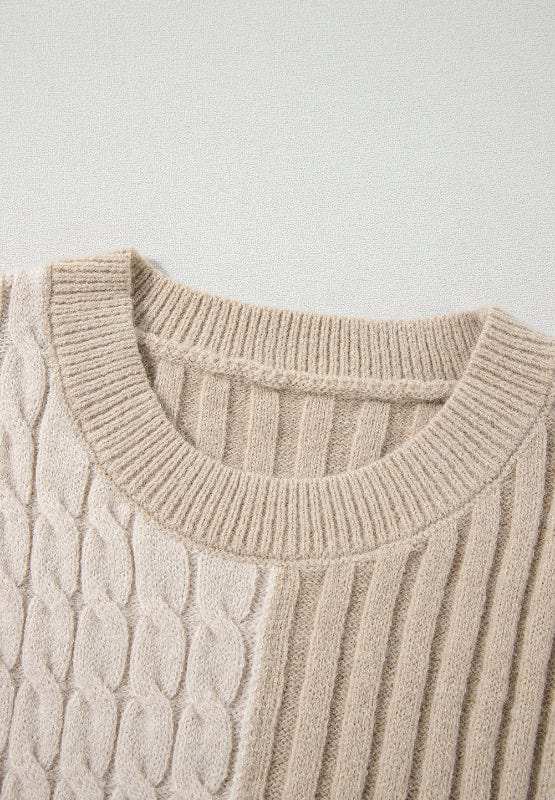Cable-Knit Color Block Round Neck Sweater - Trendsi - Flyclothing LLC