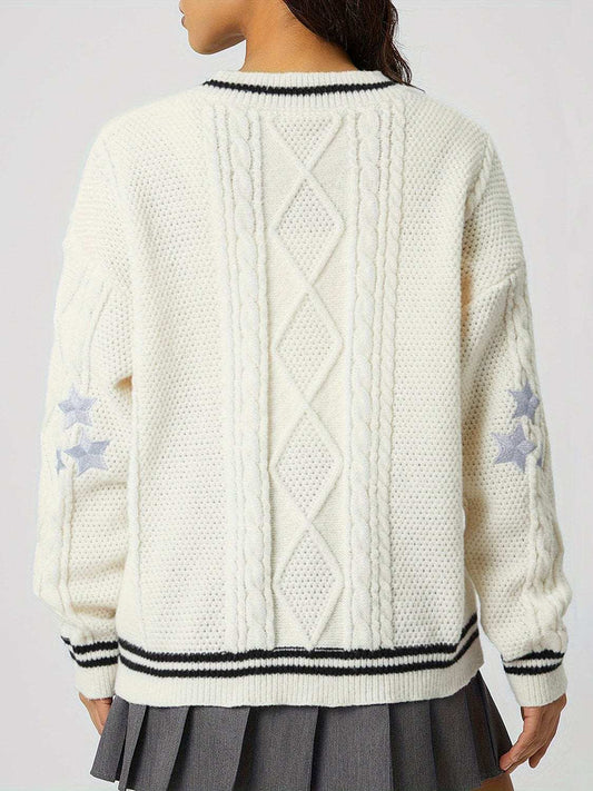 Star Embroidered V-Neck Long Sleeve Cardigan - Trendsi - Flyclothing LLC