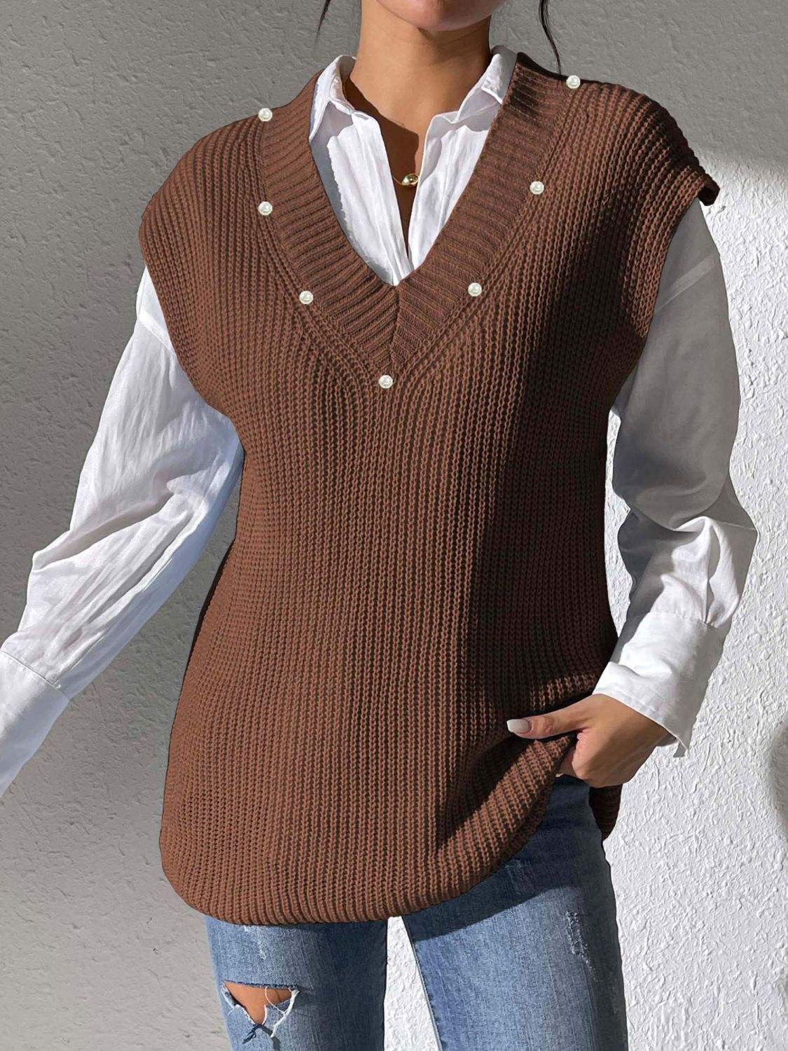 Pearl Trim V-Neck Sweater Vest - Trendsi - Flyclothing LLC