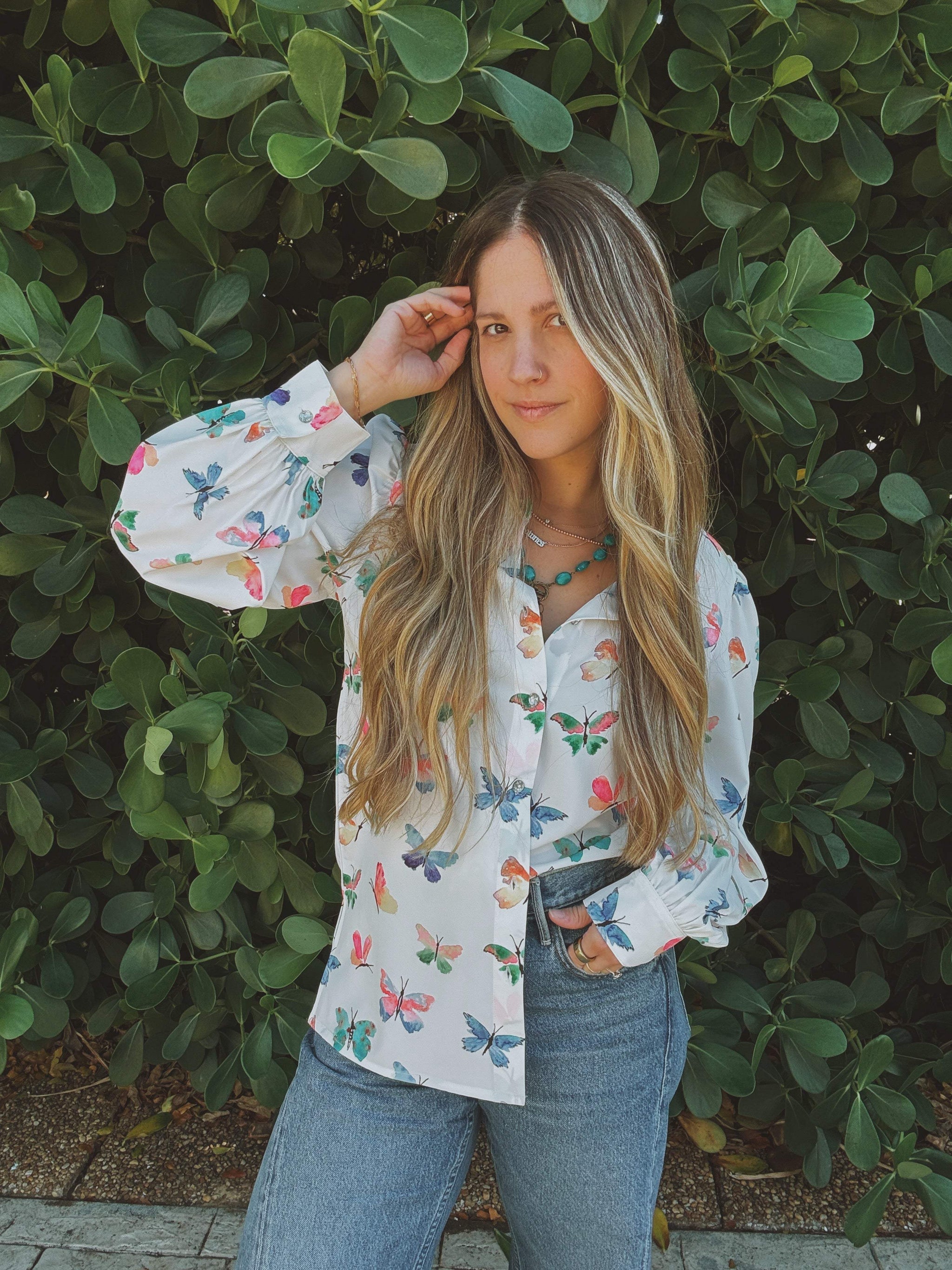 Eyes Without a Face Butterfly Button Up Blouse - Lil Bee's Bohemian - Flyclothing LLC