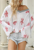 Drawstring Flower Hooded Knit Top - Trendsi