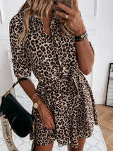 Printed Tie Waist Roll-Tab Sleeve Mini Dress - Trendsi - Flyclothing LLC