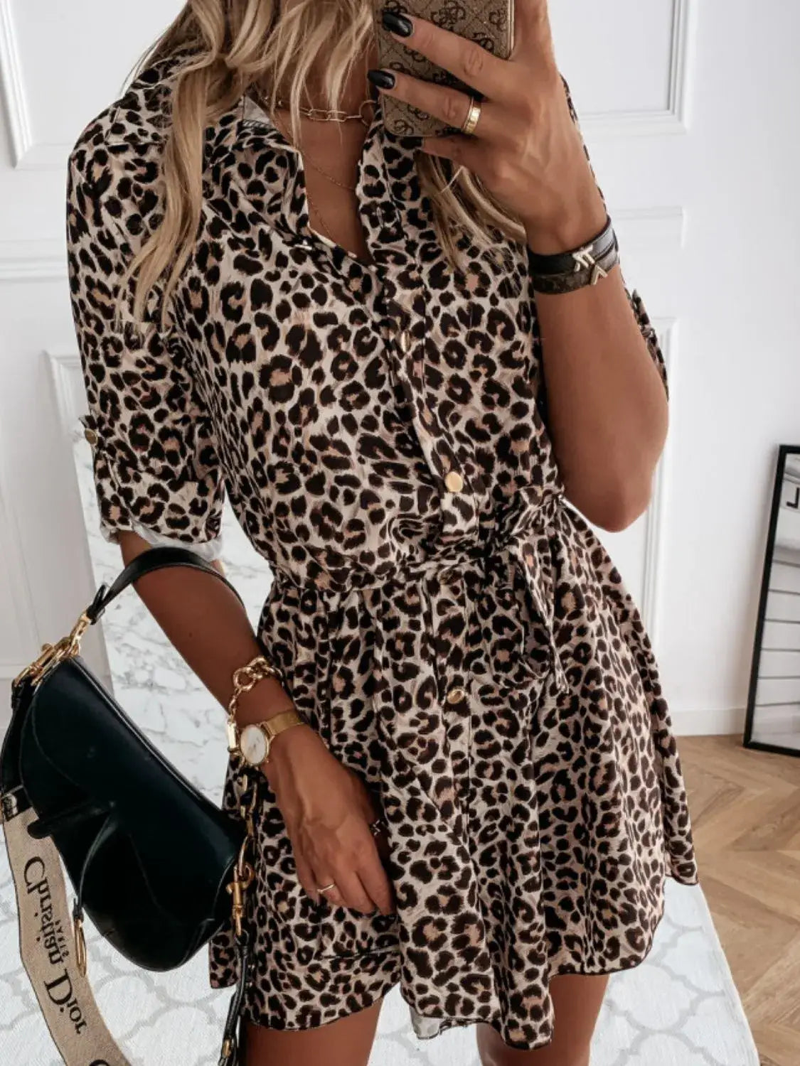 Printed Tie Waist Roll-Tab Sleeve Mini Dress - Trendsi - Flyclothing LLC