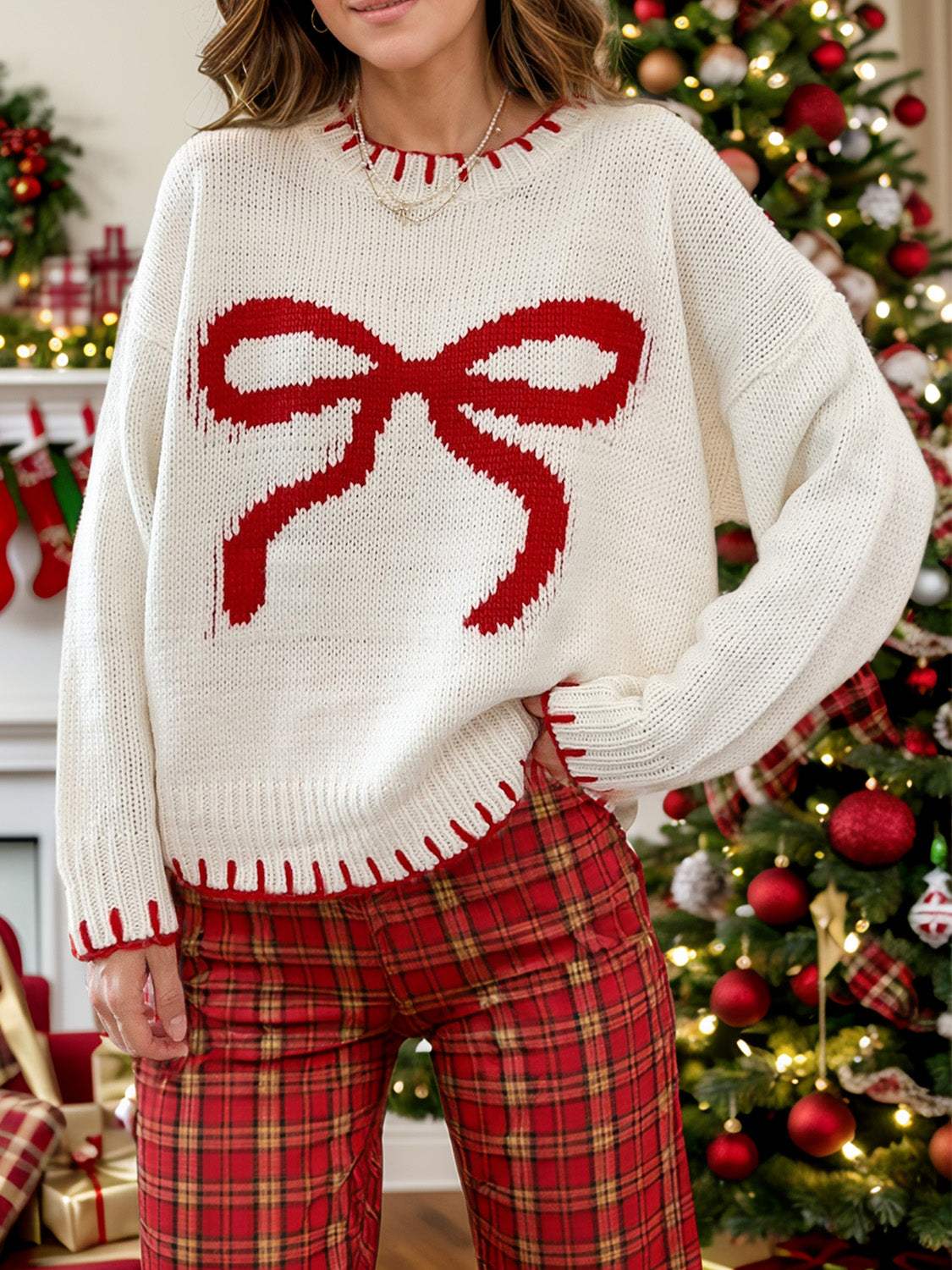 Bow Round Neck Long Sleeve Sweater - Trendsi - Flyclothing LLC