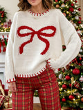 Bow Round Neck Long Sleeve Sweater - Trendsi