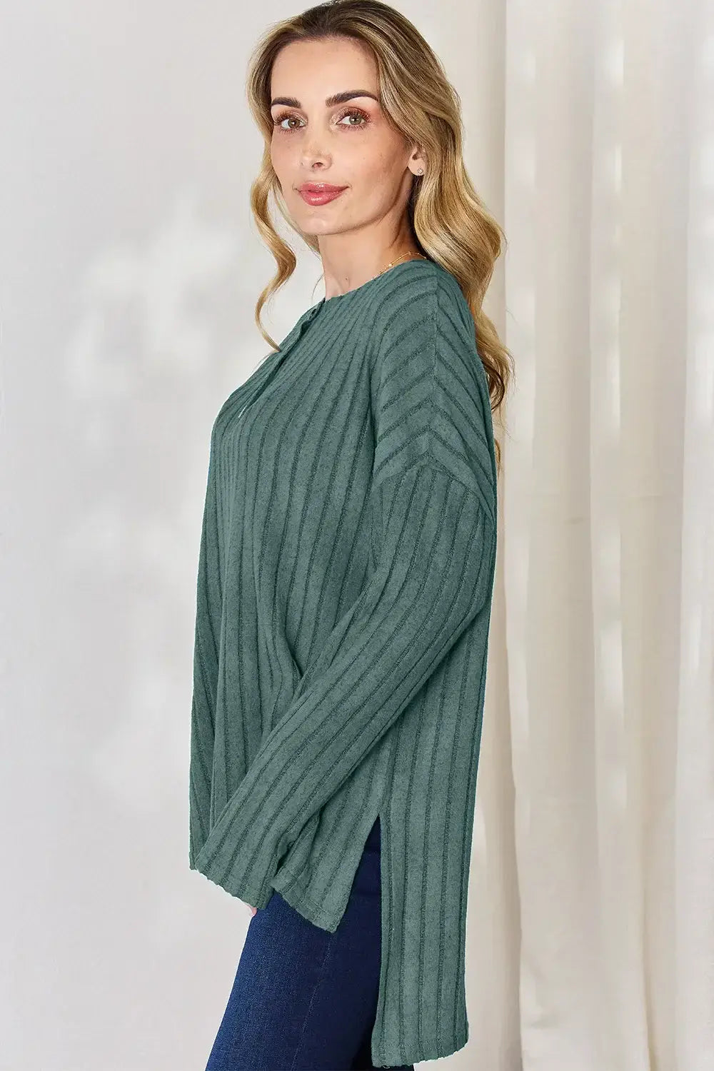 Basic Bae Full Size Ribbed Half Button Long Sleeve High-Low T-Shirt - ShopBasicbae - Flyclothing LLC