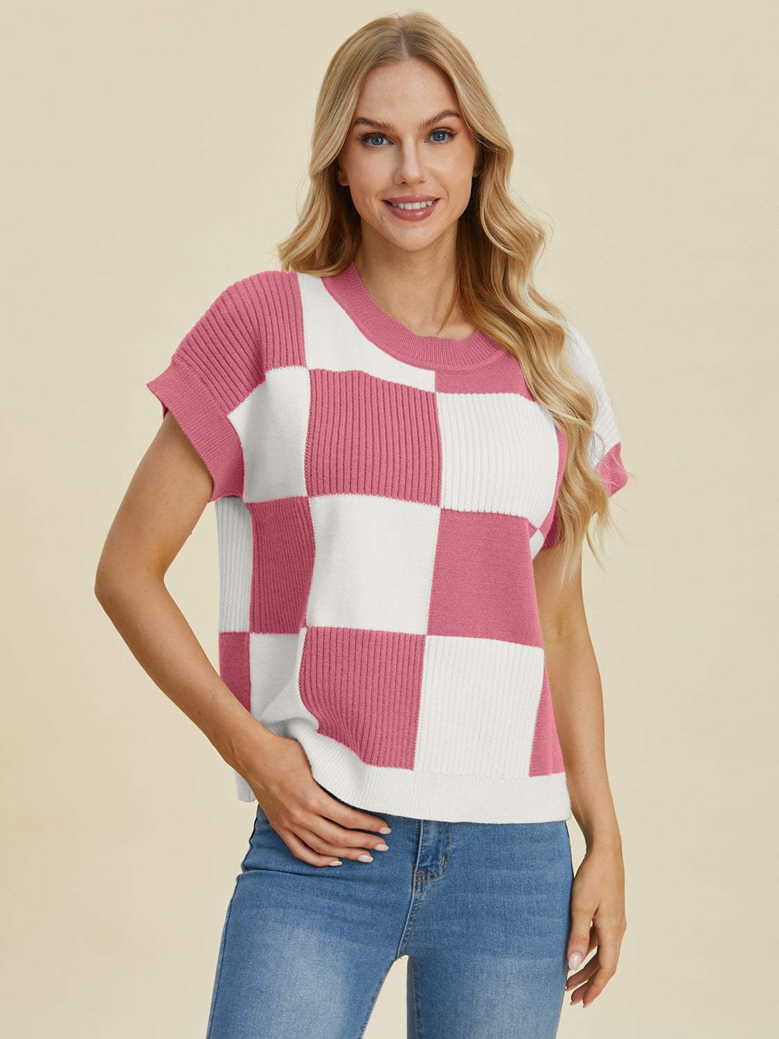 Double Take Full Size Checkered Round Neck Short Sleeve Sweater - Trendsi - Flyclothing LLC