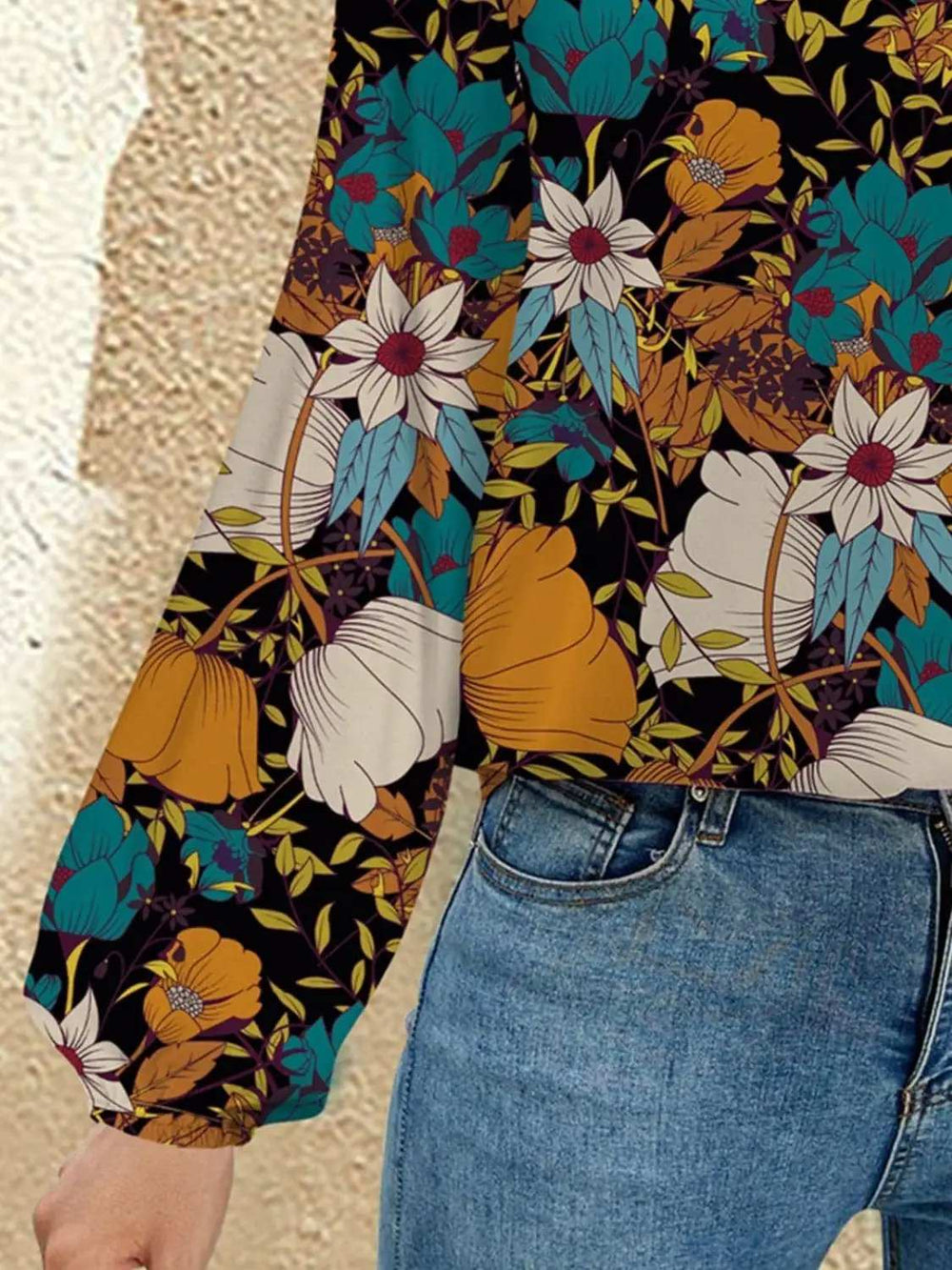 FAM-FAM Printed Notched Long Sleeve Blouse - Trendsi - Flyclothing LLC