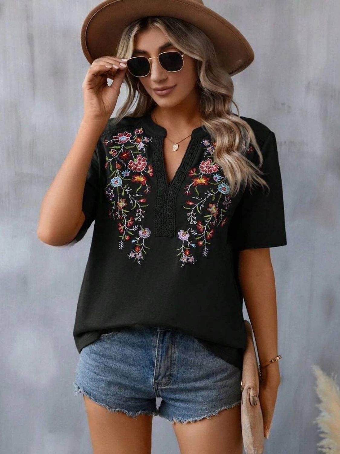 Embroidered Notched Short Sleeve T-Shirt - Trendsi - Flyclothing LLC