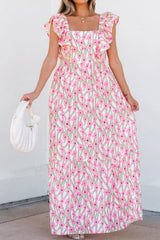 Floral Print Square Neck Ruffled Cap Sleeve Maxi Dress - Trendsi - Flyclothing LLC