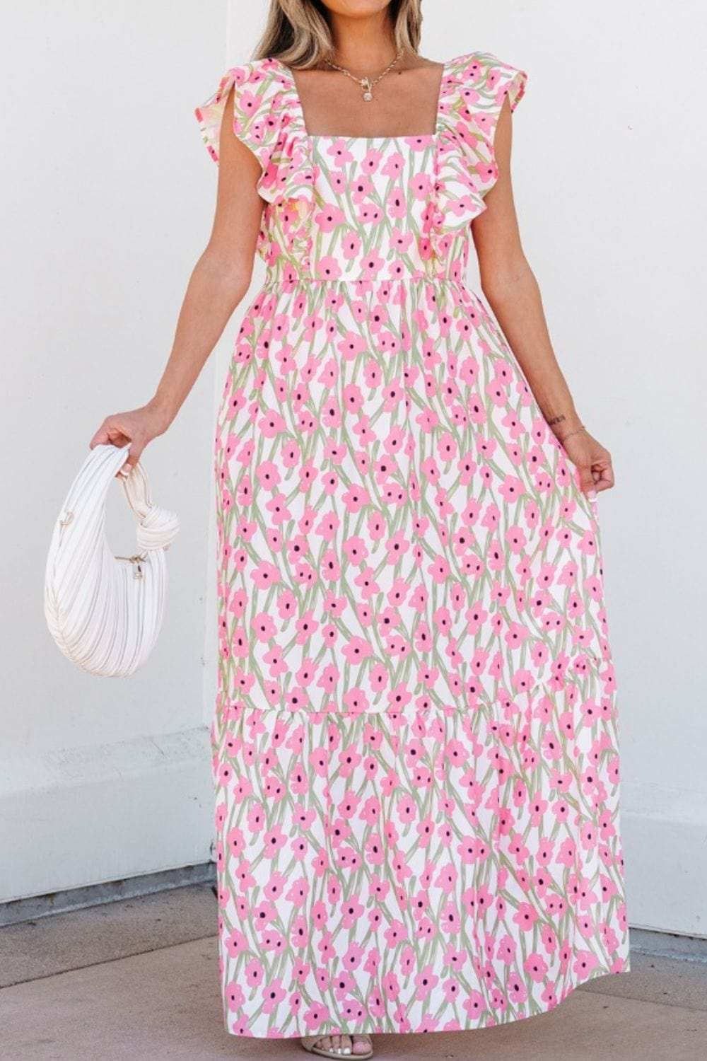 Floral Print Square Neck Ruffled Cap Sleeve Maxi Dress - Trendsi - Flyclothing LLC