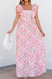 Floral Print Square Neck Ruffled Cap Sleeve Maxi Dress - Trendsi