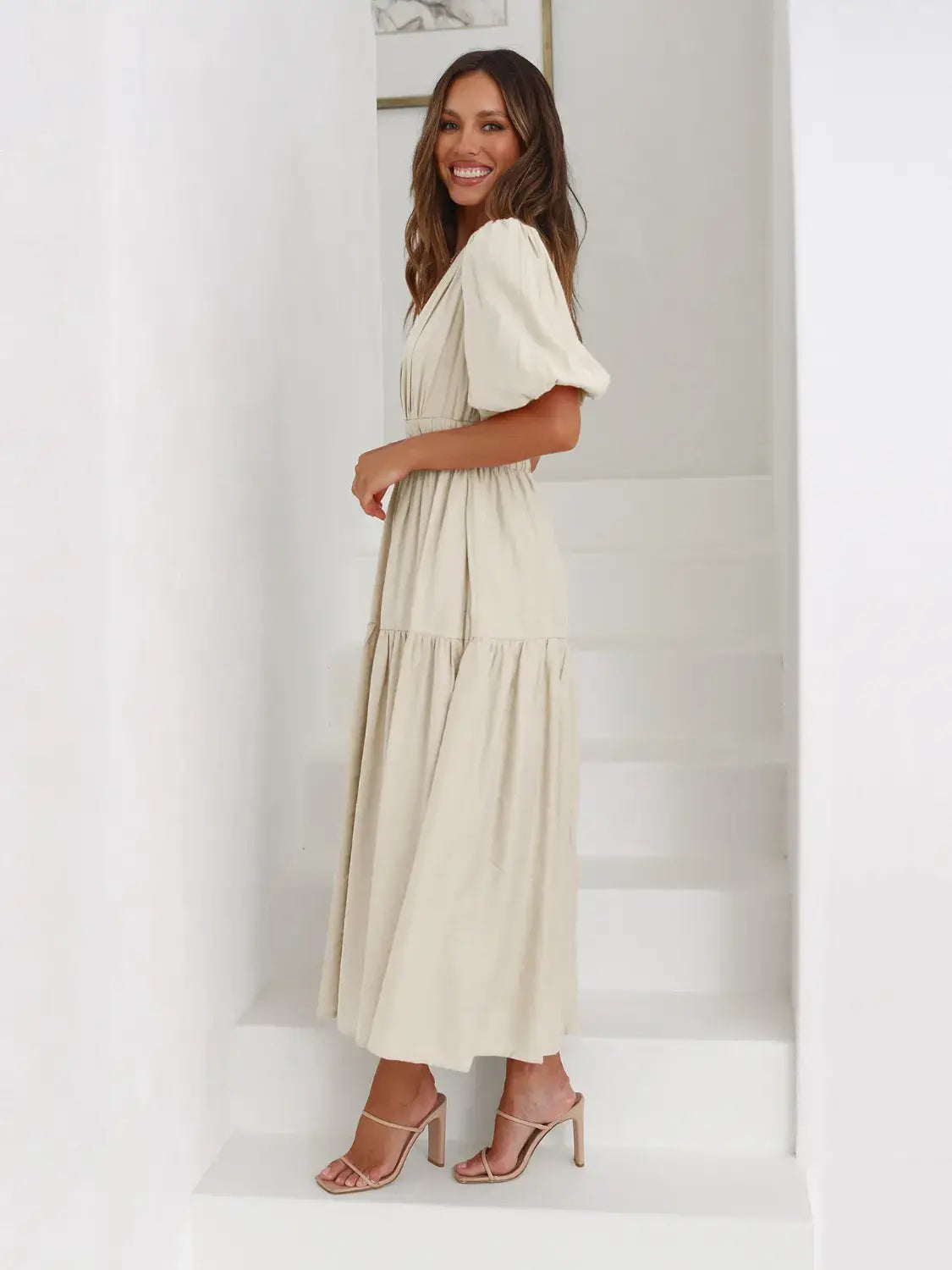 Tiered Surplice Half Sleeve Midi Dress - Trendsi - Flyclothing LLC
