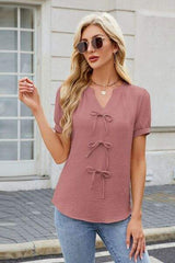 Bow Notched Short Sleeve Blouse - Trendsi - Flyclothing LLC