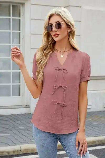 Bow Notched Short Sleeve Blouse - Trendsi - Flyclothing LLC