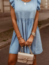 Full Size Ruffled Round Neck Cap Sleeve Denim Dress - Trendsi - Flyclothing LLC