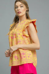 Umgee Printed Ruffle Cap Sleeve Blouse - Trendsi - Flyclothing LLC