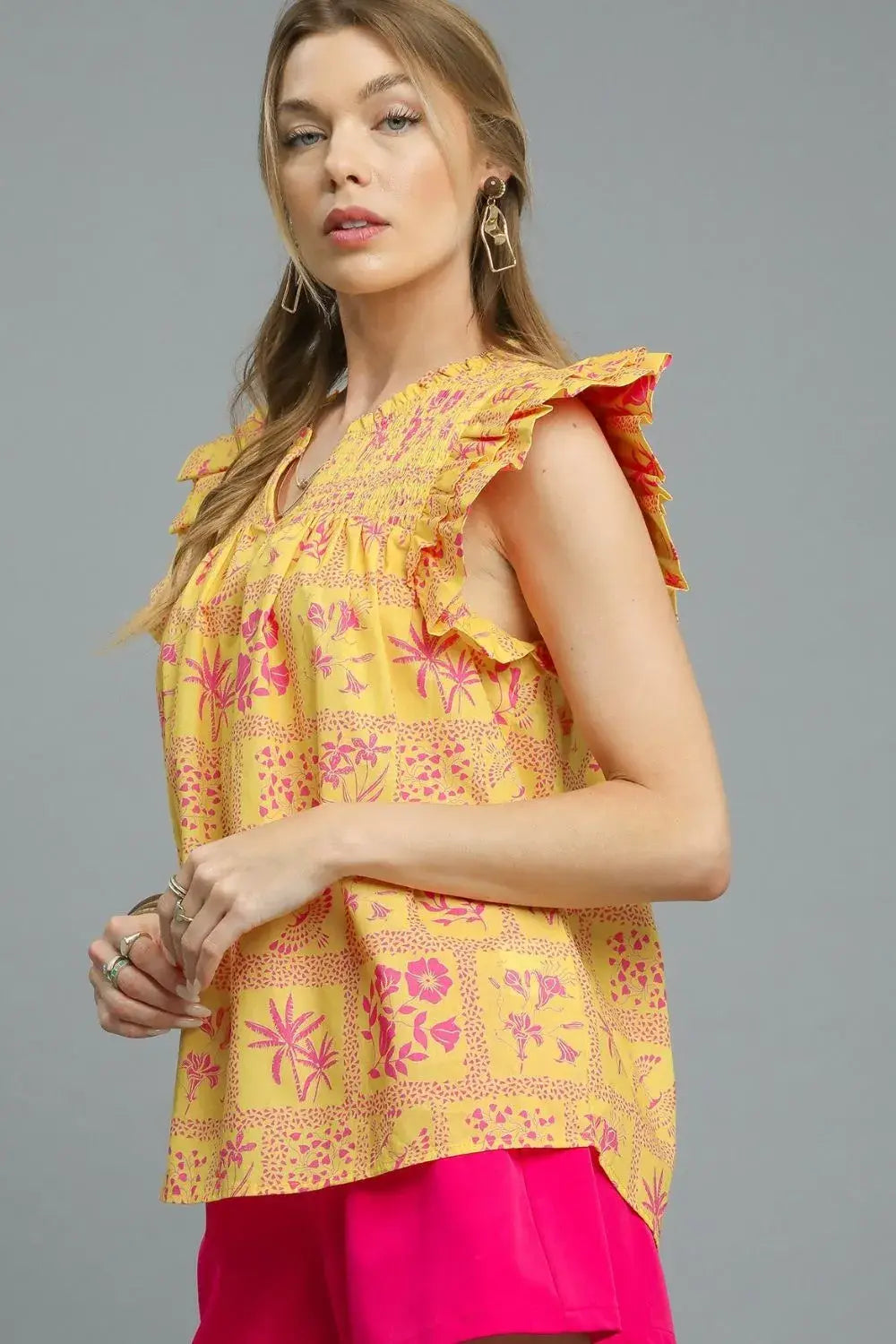 Umgee Printed Ruffle Cap Sleeve Blouse - Trendsi - Flyclothing LLC