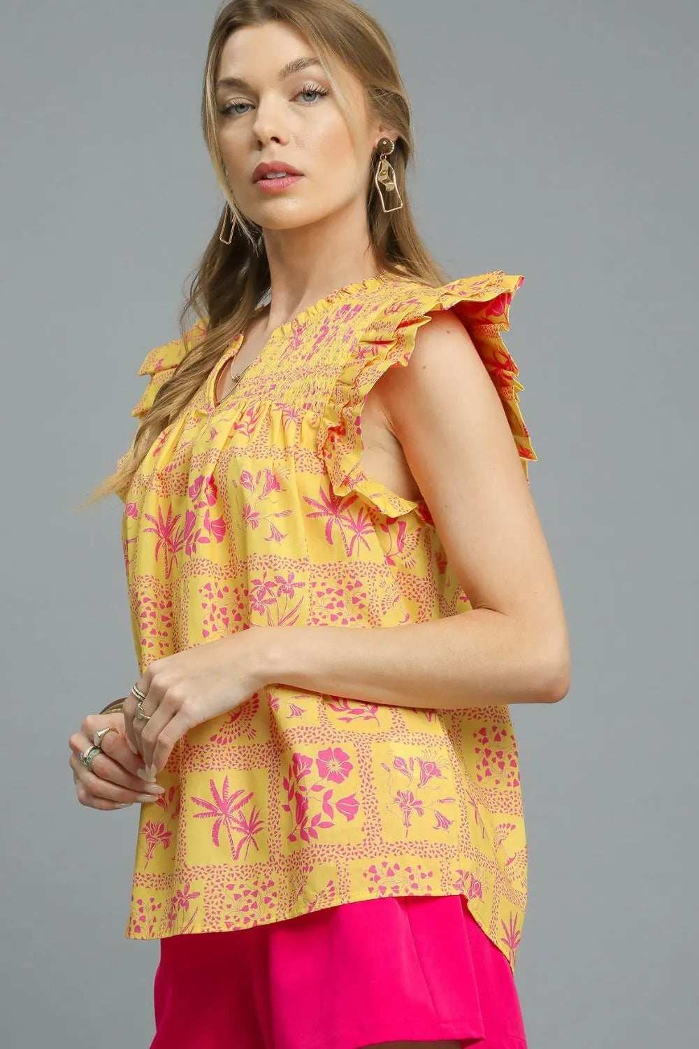 Umgee Printed Ruffle Cap Sleeve Blouse - Trendsi - Flyclothing LLC